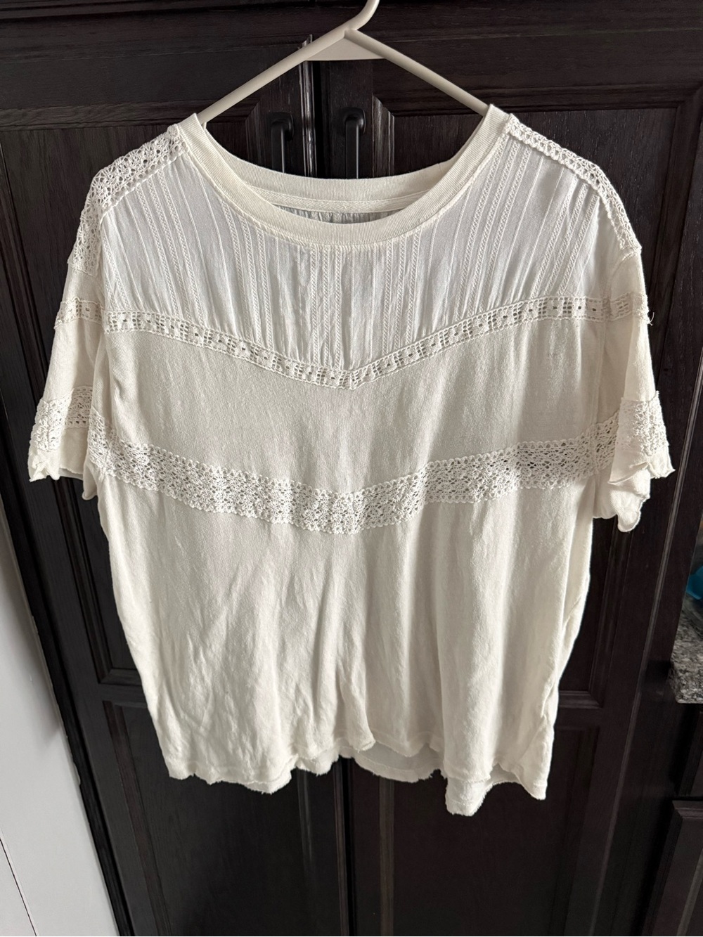 Free People Cream Lace-Trim Short Sleeve Top